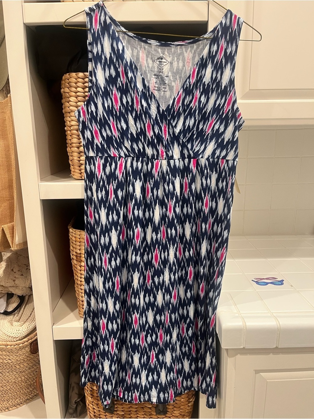 St. John's Bay Navy, White & Pink Ikat Sleeveless V-Neck Dress